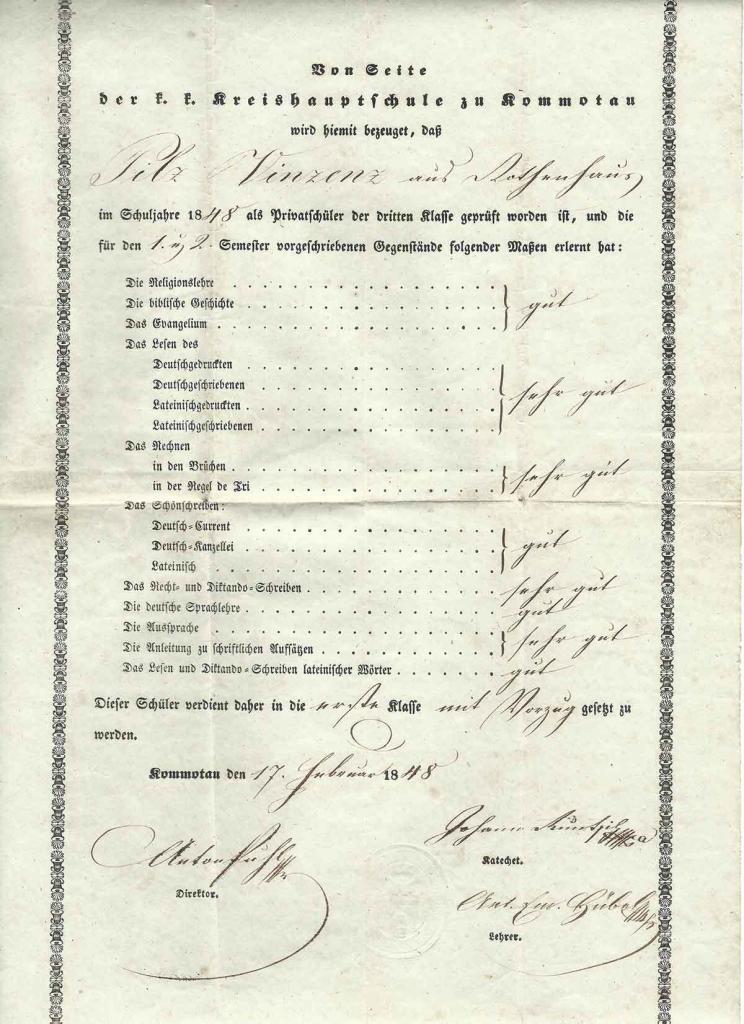 Vorzugszeugnis Vinzenz Pilz 1848